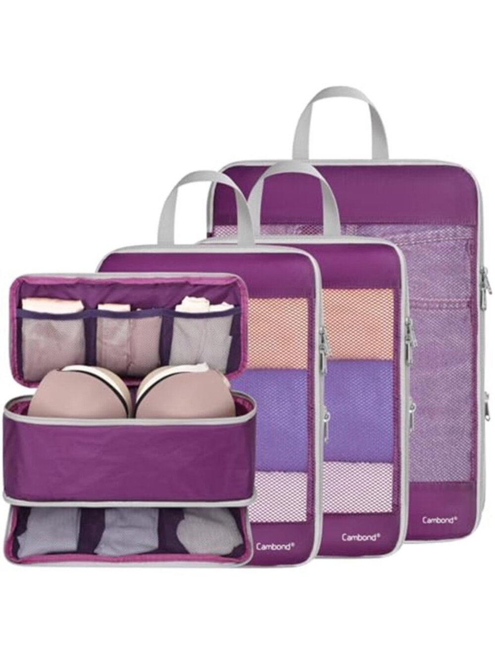 Purple Compression Packing Cubes 4 Set Mesh Travel Organizer Carry On Luggage
